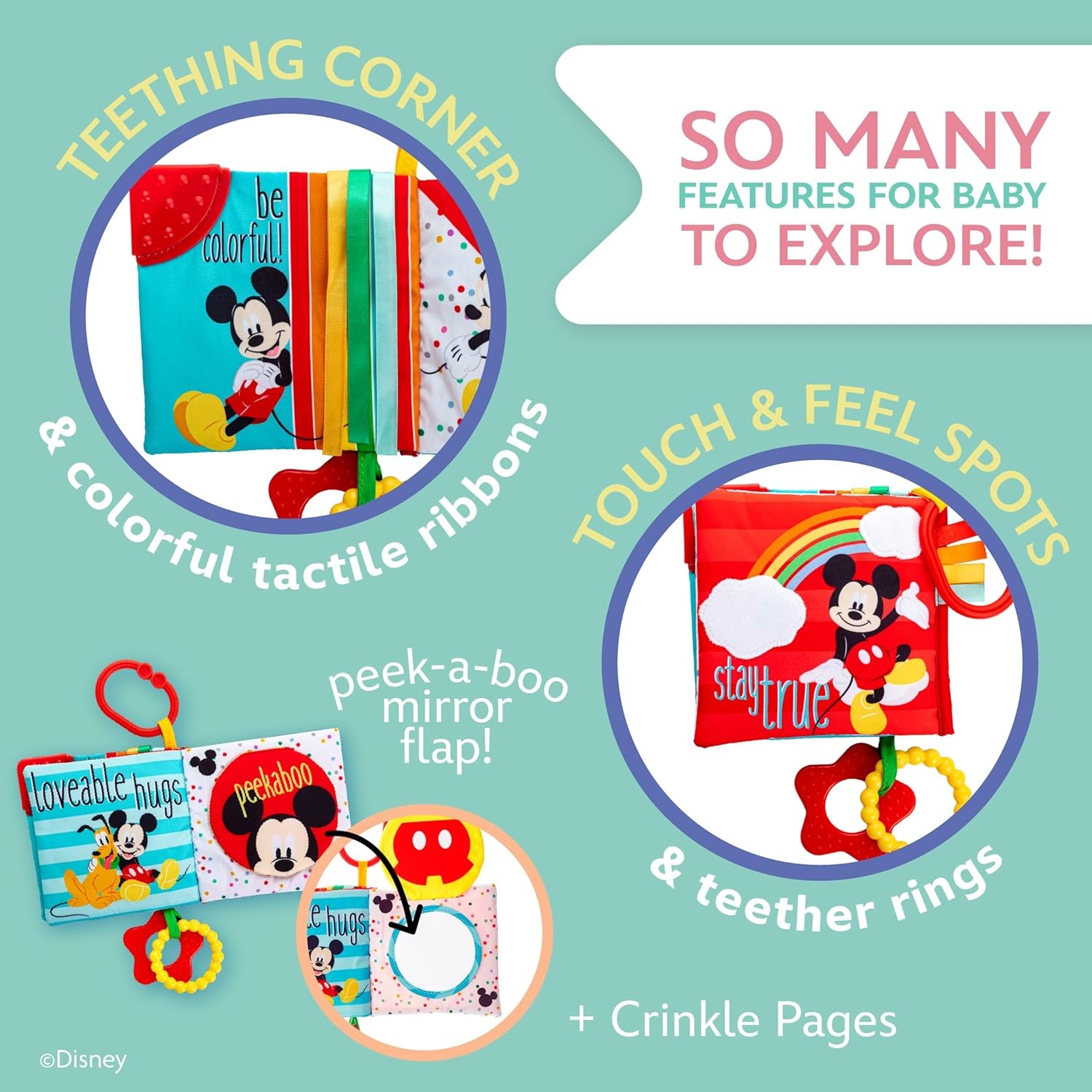 image:imageKids Preferred Disney Baby Mickey Mouse Colorful Crinkle Soft Book with Teething Corner and OnTheGo Clip for BabiesMickey Mouse